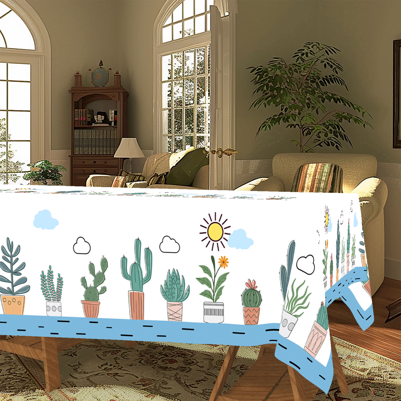 Coffee Equipment At Home - Cute Cartoon Cactus-Themed Polyester Tablecloth, Cartoon-Style